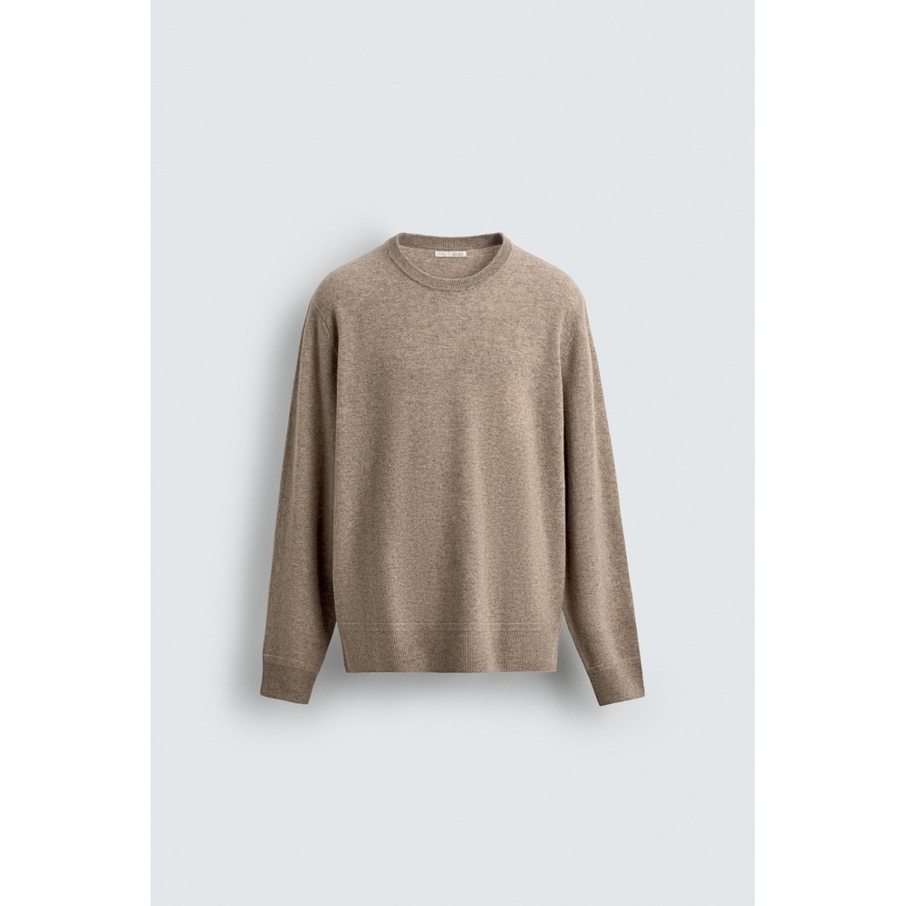 Zara Mens XL Beige Wool Blend Crewneck‎ Sweater Heathered Tan Minimalist Knit